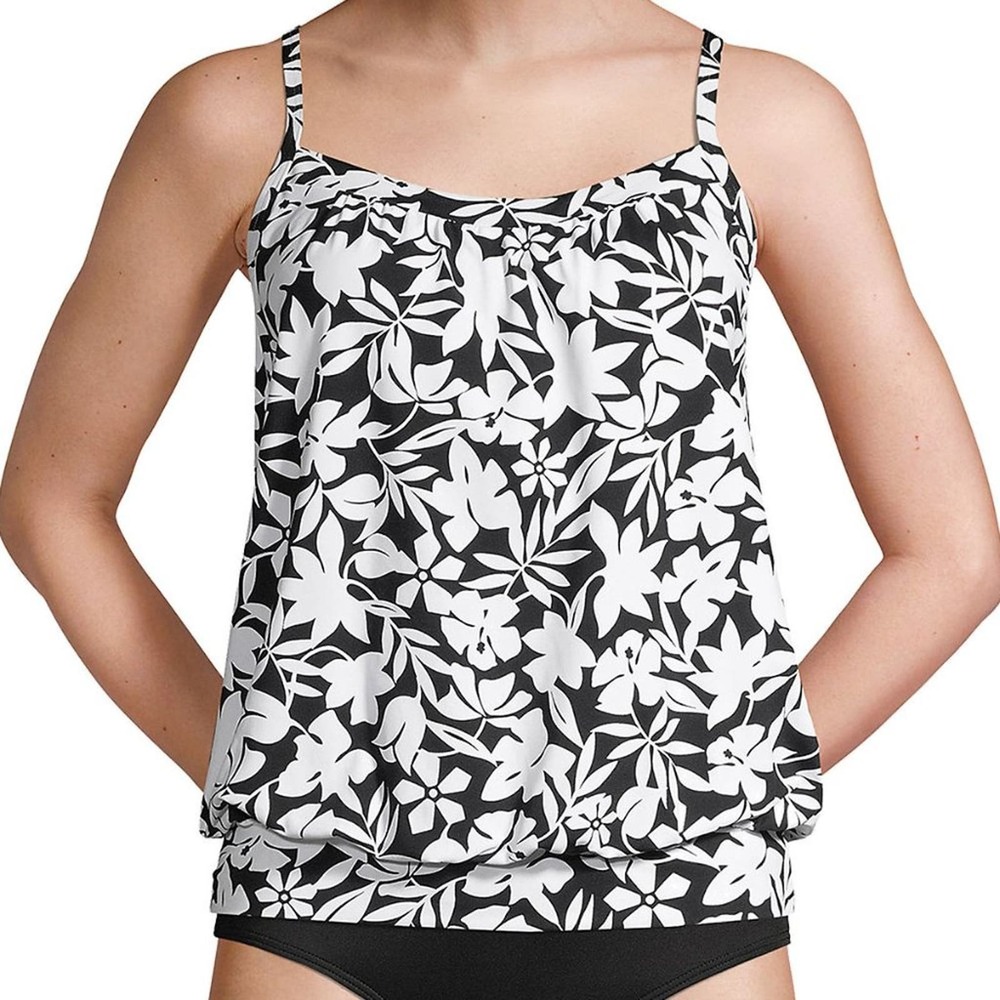 Lands' End Blouson Tankini Top in Black Havana Floral Size 4 NWT